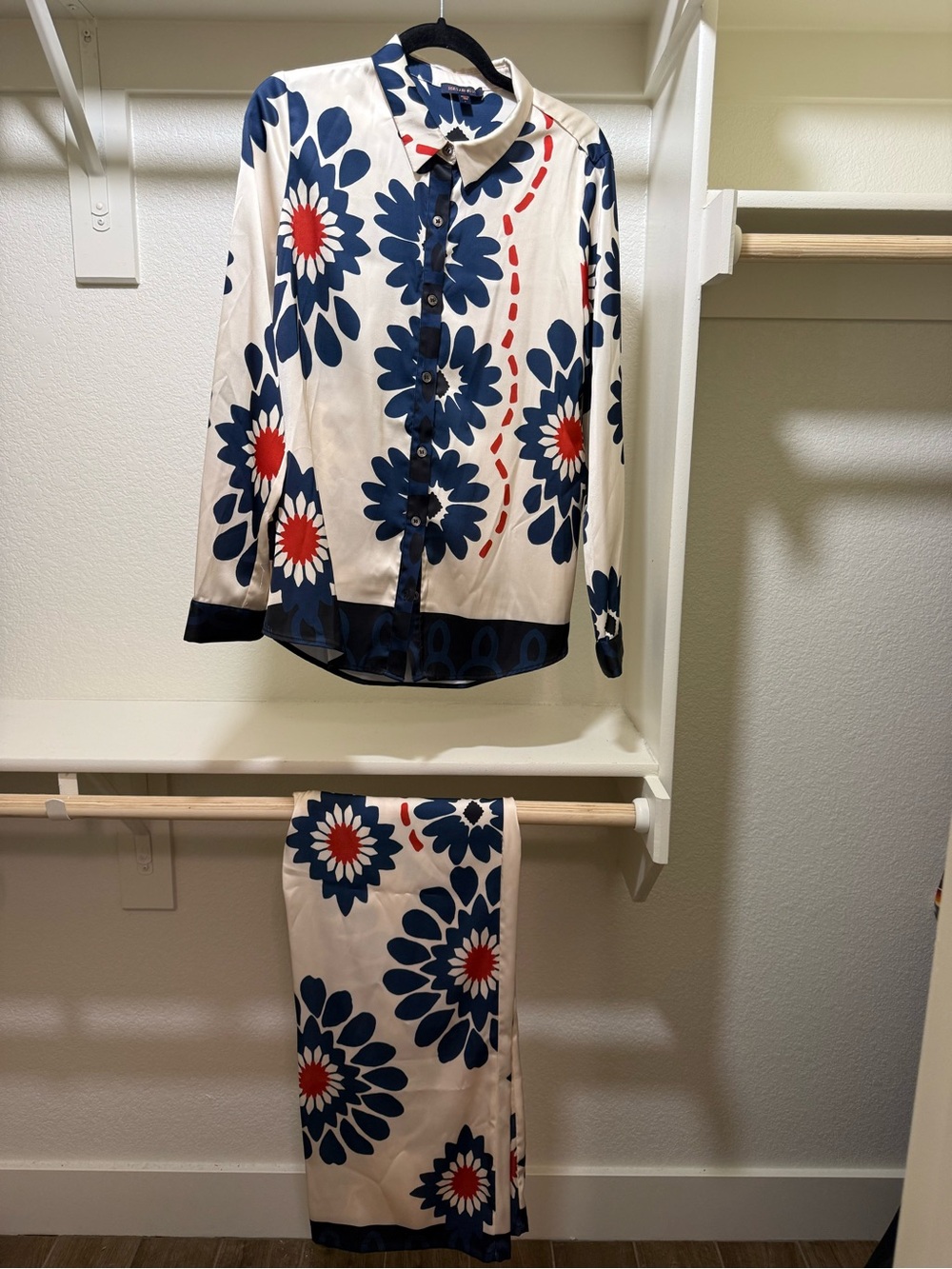 Society of Chic Cream Pajama Set with Navy and Red Floral Print
